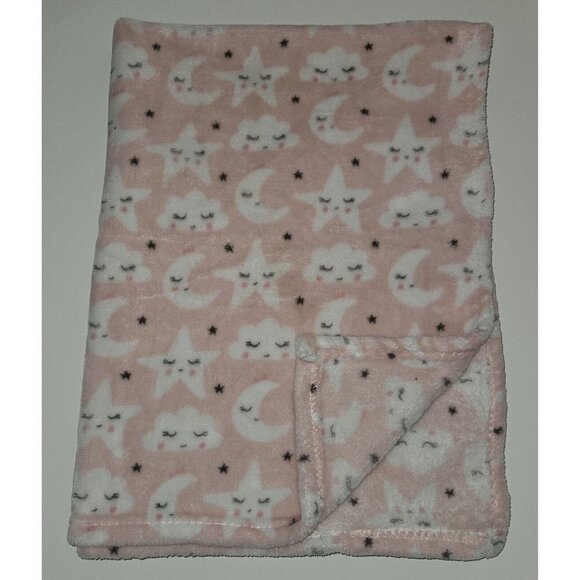 Pink White Cloud Star Moon Sleeping Fleece Baby Blanket Lovey Gray Baby Elements - Picture 1 of 5